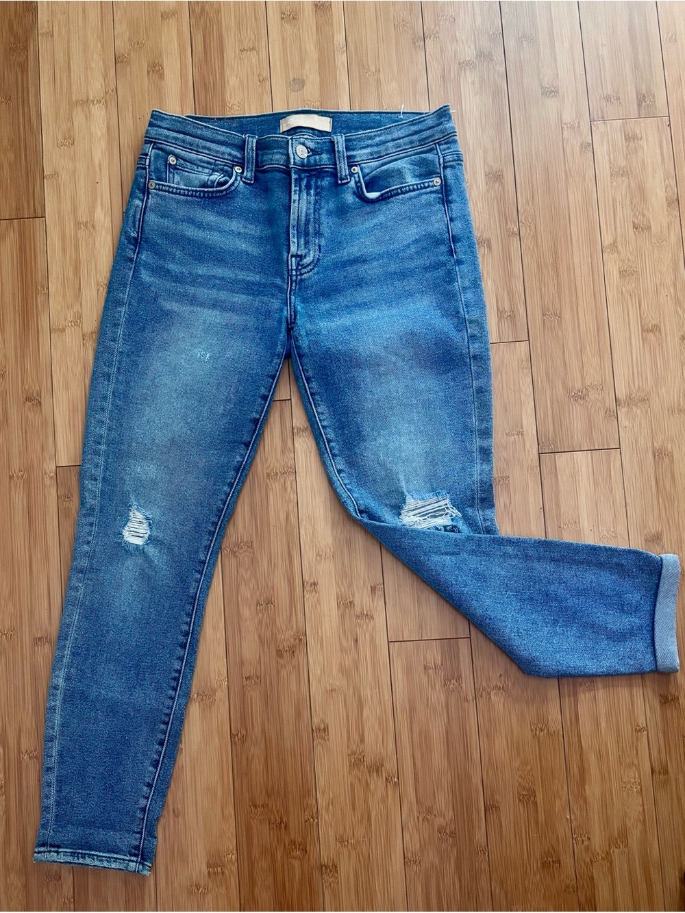 7 For All Mankind Mid Wash Women's Skinny Jeans with Knee Distress